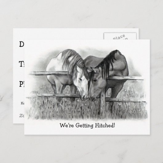 私たちは結婚する：馬、鉛筆アート、ウェディング インビテーションポストカード (正面/裏面)