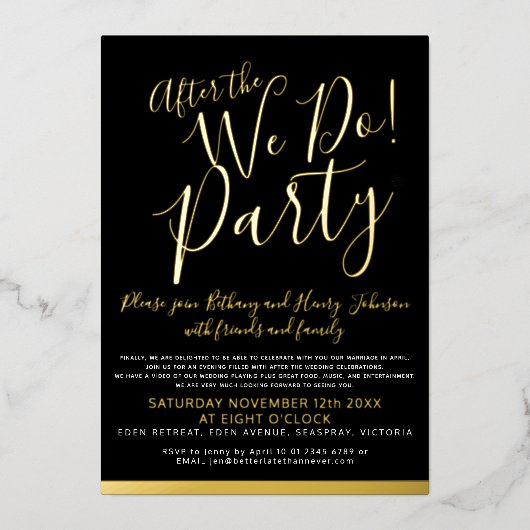 私たちは結婚式のパーティーの金ゴールドブラックを行う 箔招待状 (正面)