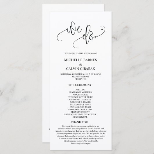 私たちは結婚式 プログラムカードを書テーマで行う プログラム (正面/裏面)