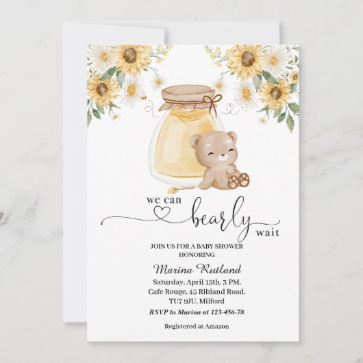 私たちは蜂蜜クマ赤ちゃんシャワーを待つことができる 招待状 (正面)