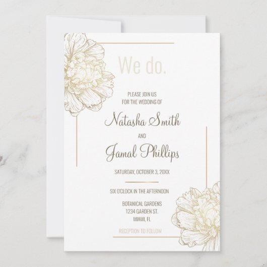 私たちは行う。金ゴールド牡丹モダン結婚の花 招待状 (正面)