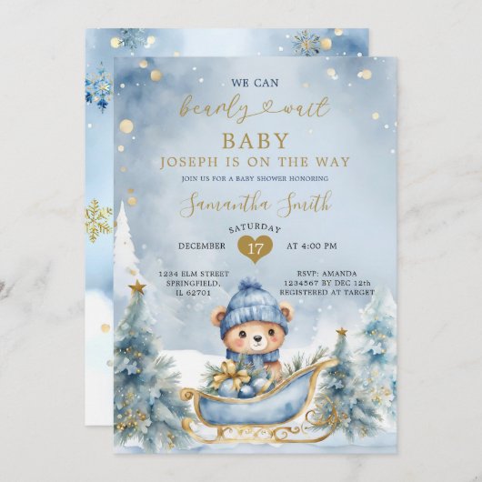 私たちは赤ちゃんシャワーほこりっぽい青い冬を待つことができる 招待状 (正面/裏面)