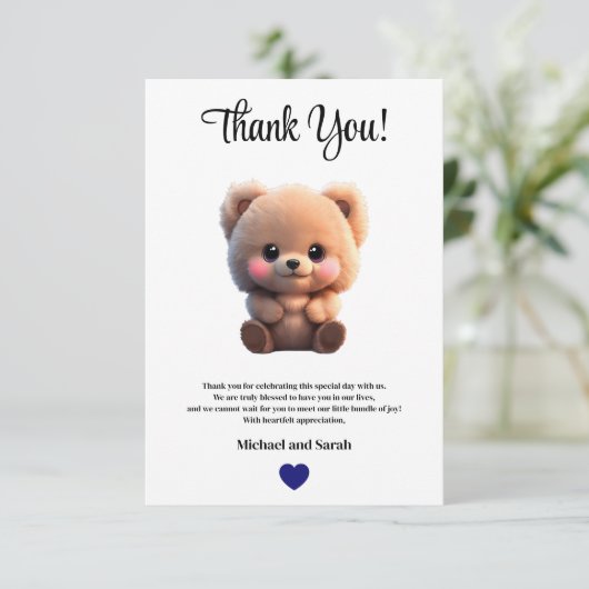 私たちは赤ちゃんシャワーteddy bear boy待つことができる サンキューカード (スタンド正面)