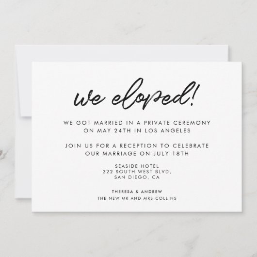 私たちは身内だけで結婚式を挙げました モダンなタイポグラフィーの結婚報告 招待状 (正面)