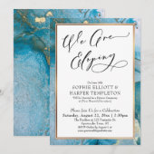 私たちは身内だけで結婚式を行う ティール＆ゴールド インク 受付のみ 招待状 (正面/裏面)