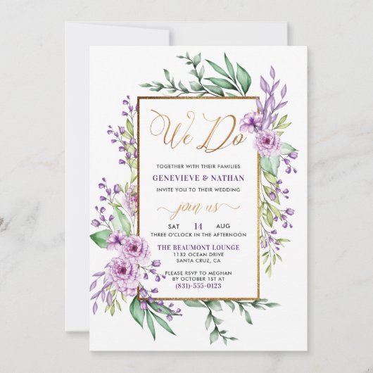 私たちは金ゴールドグリッタースクリプト紫の花結婚の 招待状 (正面)