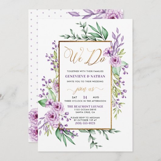 私たちは金ゴールドグリッタースクリプト紫の花結婚の 招待状 (正面/裏面)