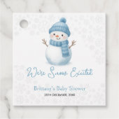 私たちは雪の興奮雪だるま男の子のシャワー フェイバータグ (正面)