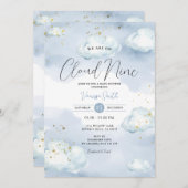 私たちは雲の上にいる 青いベイビーシャワー ゴールドグリッター 招待状 (正面/裏面)