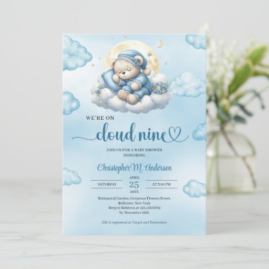 私たちは雲の9かわいいテディベア眠る男の子 招待状 (スタンド正面)
