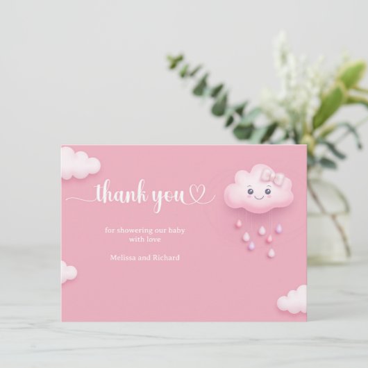 私たちは雲9かわいい漫画の雲ピンクの女の子の上にいる サンキューカード (スタンド正面)