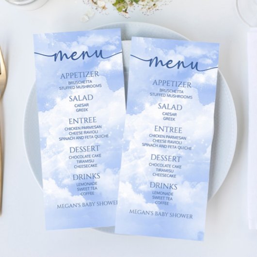 私たちは雲9青の赤ちゃんシャワー食べ物メニュー上にある メニュー