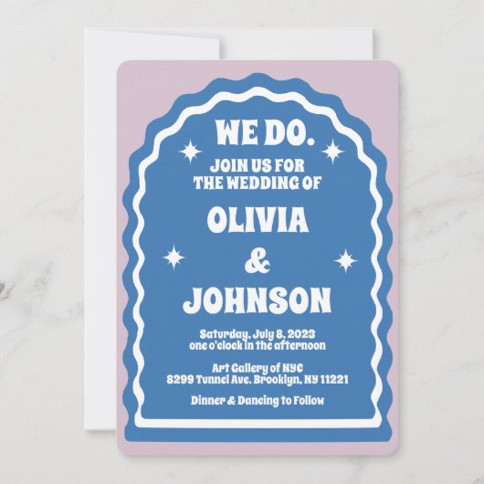 私たちは青モダン紫はっきりしたレトロ波形アーチ 招待状 (正面)