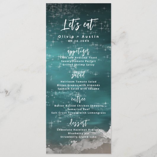 私たちは食べ抽象芸術ムーディー海ビーチ結婚式 メニュー (正面)