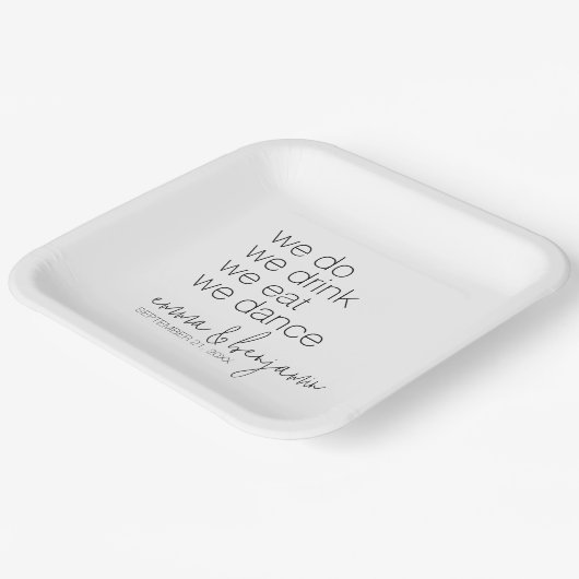 私たちは飲み 食い ダンスする - 現代のウェディング ペーパープレート (傾斜あり)