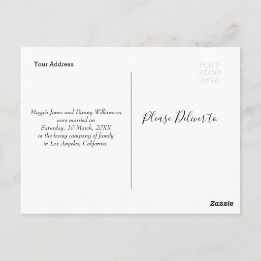 私たちは駆け落ちしました | 白い文字の結婚発表 ポストカード (裏面)