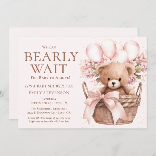 私たちは、バスケットの赤ちゃんシャワーで女の子のクマを待つことができる 招待状 (正面/裏面)