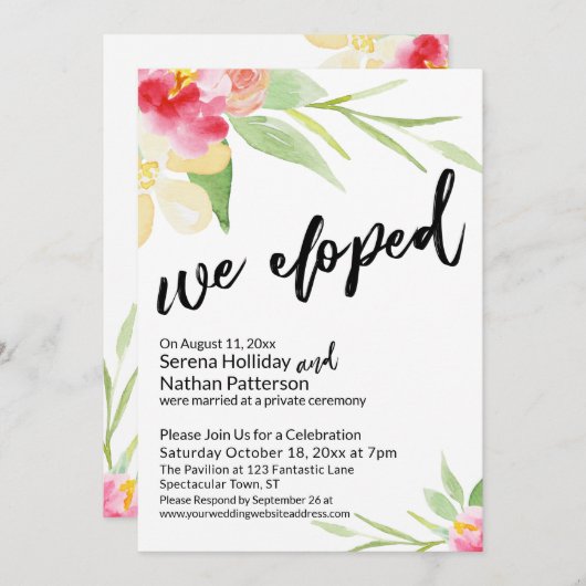 私たちは 水彩の花を添えた カジュアルな誓約書で駆け落ちした 招待状 (正面/裏面)