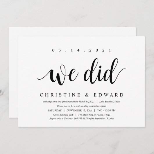 私たちもしました、モダンな結婚式後の秘密の挙式 招待状 (正面/裏面)