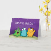 私たちをあなたのケーキに連れて行く – エイリアン誕生日カード カード (黄色い花)