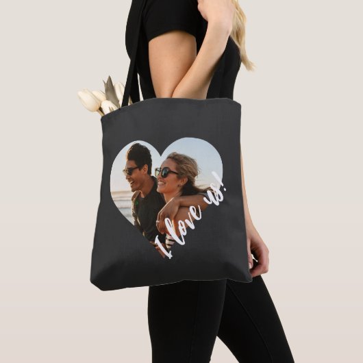 「私たちを愛して」スクリプトハートフォトブラック トートバッグ (クローズアップ)