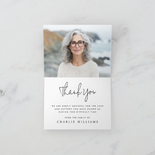 私たちエレガントのハートの葬儀の写真で永遠にスクリプト サンキューカード (内部)