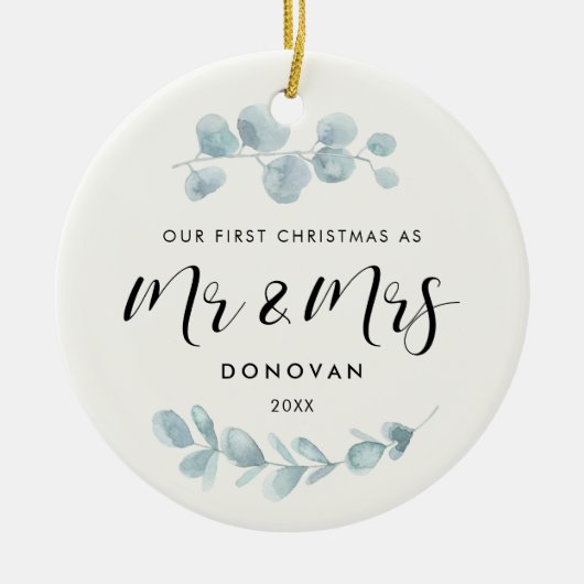 私たちエレガントの初めてのクリスマスの結婚写真 セラミックオーナメント (正面)