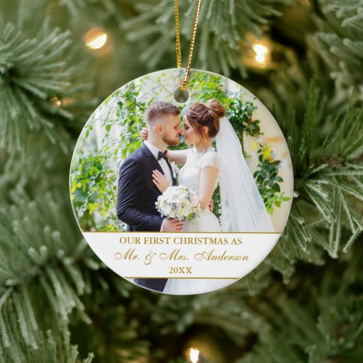 私たちエレガントの初めてのクリスマスホワイト金ゴールド2写真 セラミックオーナメント (ツリー)