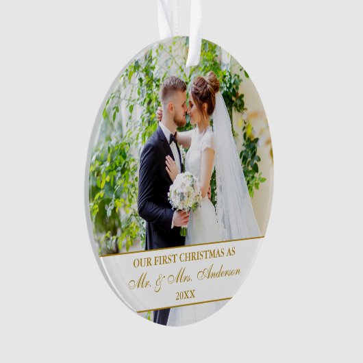 私たちエレガントの初めてのクリスマス金ゴールドホワイト2写真 オーナメント (正面)