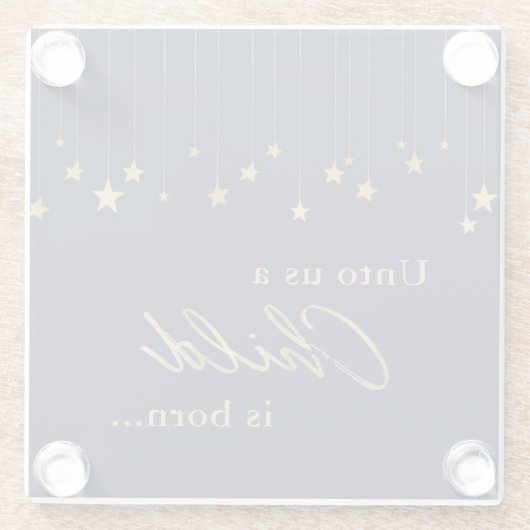 私たちエレガントの子供は生まれ金ゴールド青のクリスマス ガラスコースター (裏面)