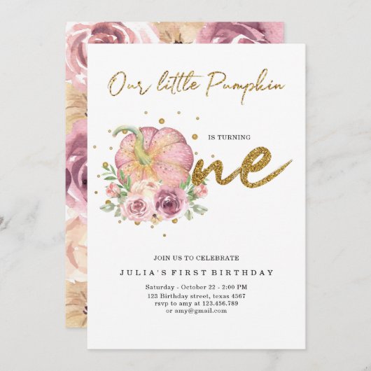 私たちエレガントの小さなかぼちゃの最初の誕生日 招待状 (正面/裏面)