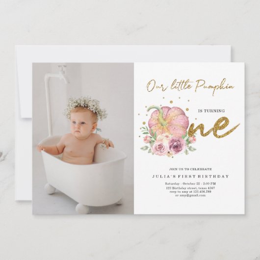 私たちエレガントの小さなカボチャ最初の誕生日写真 招待状 (正面)