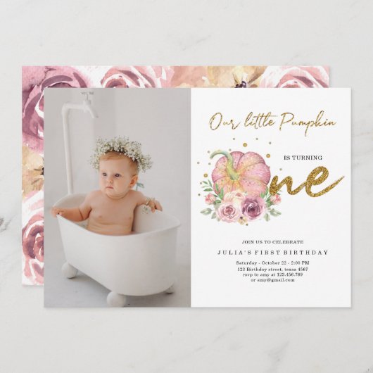 私たちエレガントの小さなカボチャ最初の誕生日写真 招待状 (正面/裏面)