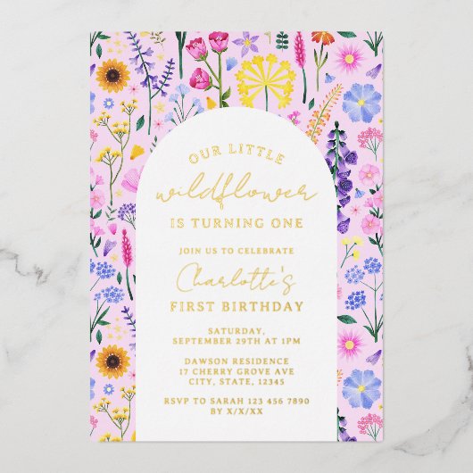 私たちエレガントの小さな野花の女の子ファースト誕生日 箔招待状 (正面)