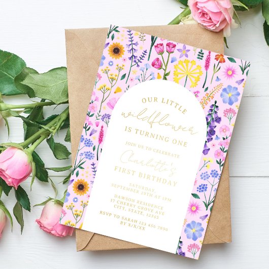私たちエレガントの小さな野花の女の子ファースト誕生日 箔招待状