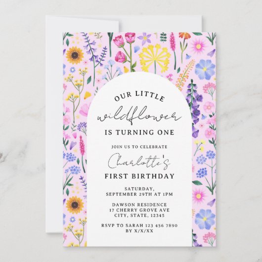 私たちエレガントの小さな野花ガールファースト誕生日 招待状 (正面)