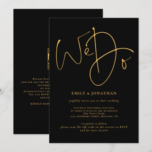 私たちエレガントはゴールデンスクリプトQRコードブラック結婚の 招待状 (正面/裏面)