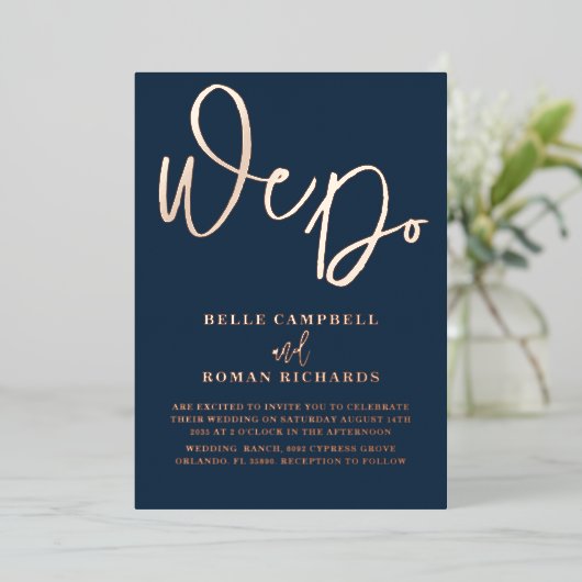 私たちエレガントはバラ金ゴールド&ブルー結婚ズ 箔招待状 (立ち正面)