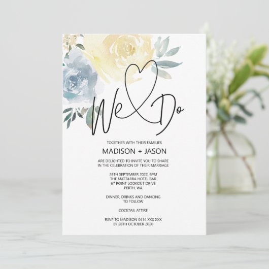 私たちシンプルはモダン結婚ブルークリームフローラ 招待状 (スタンド正面)