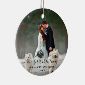 私たちスタイリッシュの初めてのクリスマスの結婚写真をスクリプト セラミックオーナメント (右)