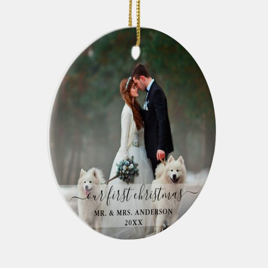 私たちスタイリッシュの初めてのクリスマスの結婚写真をスクリプト セラミックオーナメント (右)