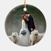 私たちスタイリッシュの初めてのクリスマスの結婚写真をスクリプト セラミックオーナメント (裏面)