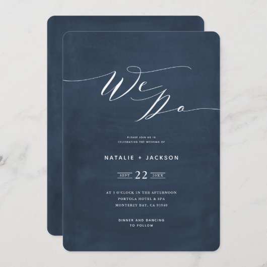 私たちネイビーブルースクリプト文字エレガントな結婚式招待状 案内状 (正面/裏面)