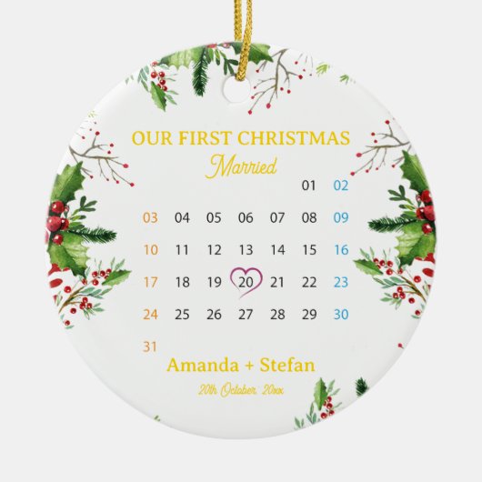 私たちパーソナライズされたの初めてのクリスマスのカ結婚したレンダー セラミックオーナメント (正面)