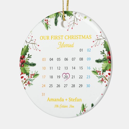 私たちパーソナライズされたの初めてのクリスマスのカ結婚したレンダー セラミックオーナメント (左)