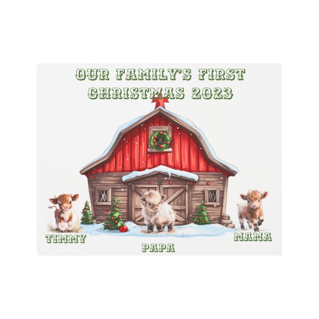 私たちパーソナライズされたの家族の初めてのクリスマス。家族 メタルプリント (正面)