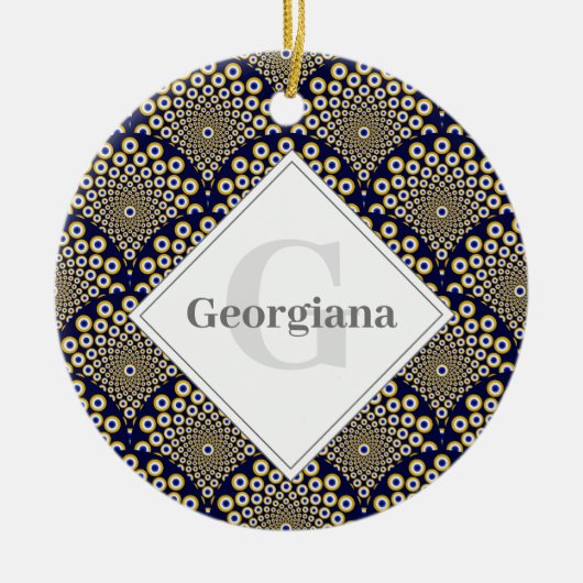 私たちパーソナライズされたは海軍と金ゴールドのデコを見ている セラミックオーナメント (正面)