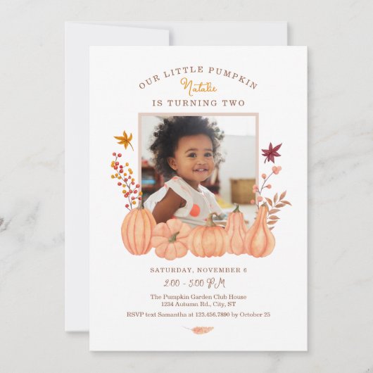 私たちモダンの小さなカボチャの写真誕生日 招待状 (正面)
