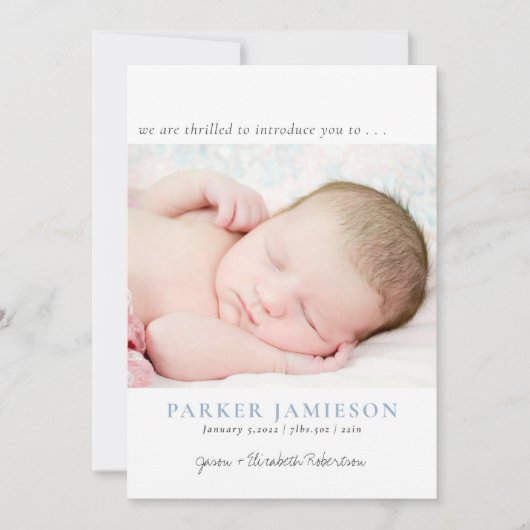 私たちモダンは興奮している男の赤ちゃんフォトブルー誕生 案内状 (正面)