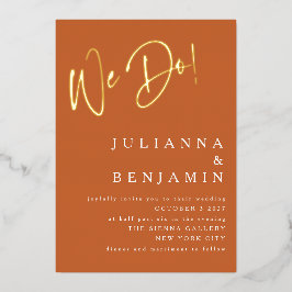 私たちモダンエレガントな結婚式の燃えたオレンジ色の金ゴールド 箔招待状